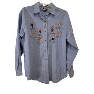 Falls Creek Women's Blue Chambray Embroidered Reindeer Christmas Shirt Size M